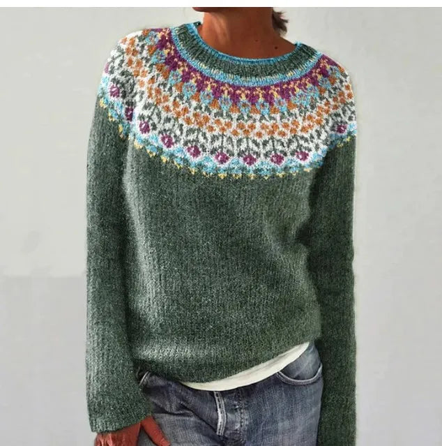 Women's long sleeve sweater with wide neckline and patterned bands in a straight silhouette