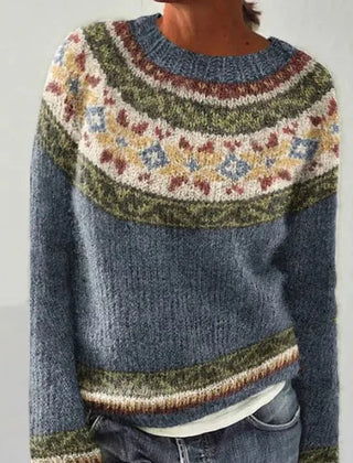 Women's long sleeve sweater with wide neckline and patterned bands in a straight silhouette