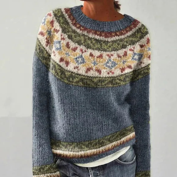 Women's long sleeve sweater with wide neckline and patterned bands in a straight silhouette