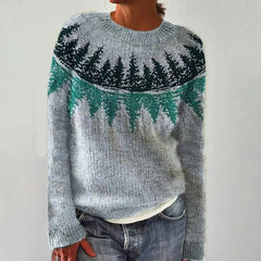 Women's long sleeve sweater with wide neckline and patterned bands in a straight silhouette