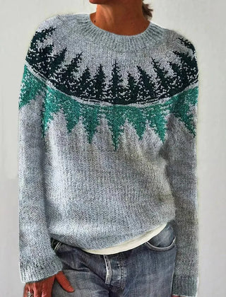 Women's long sleeve sweater with wide neckline and patterned bands in a straight silhouette