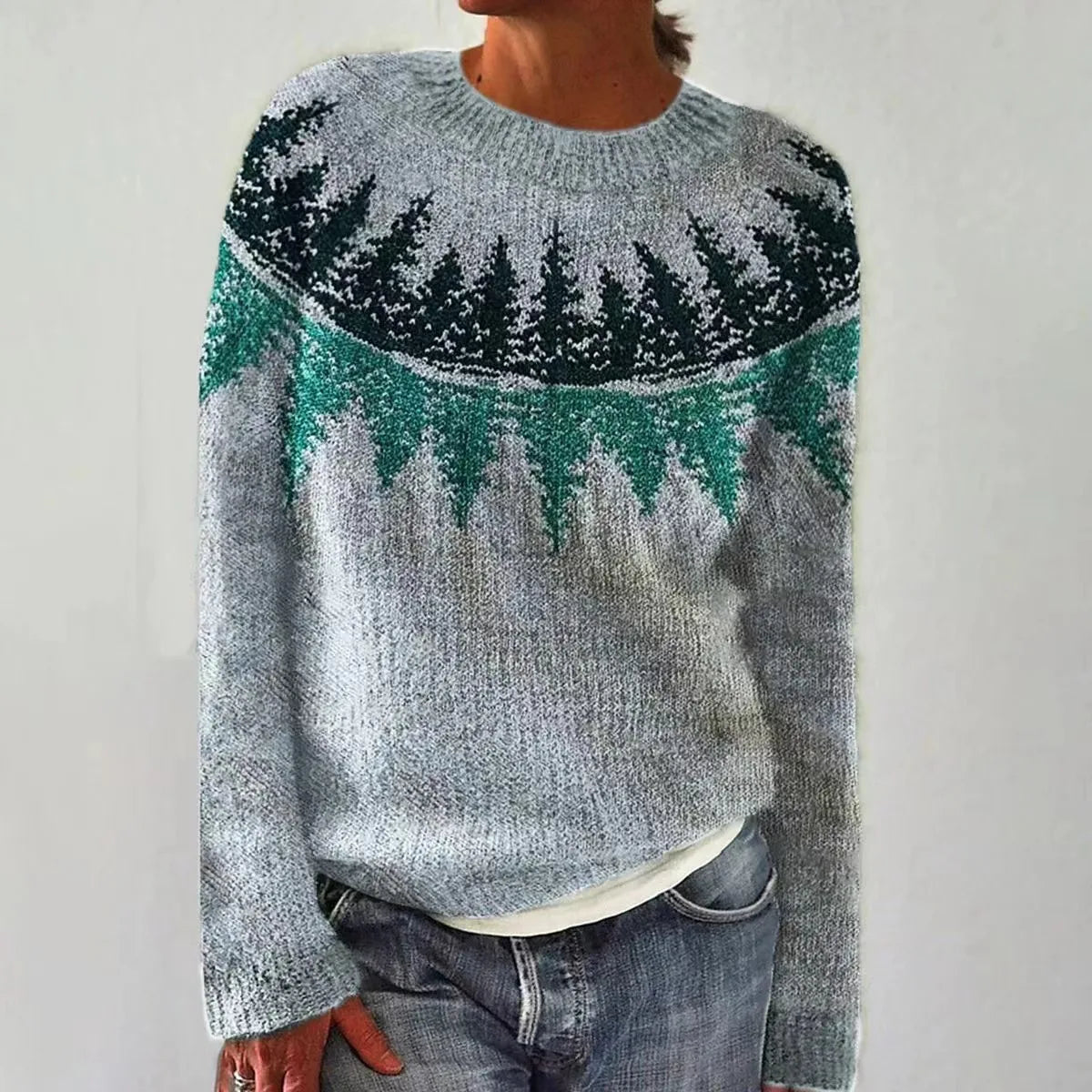 Women's long sleeve sweater with wide neckline and patterned bands in a straight silhouette