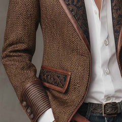 Brown herringbone printed panel blazer with defined shoulders and contrast edges