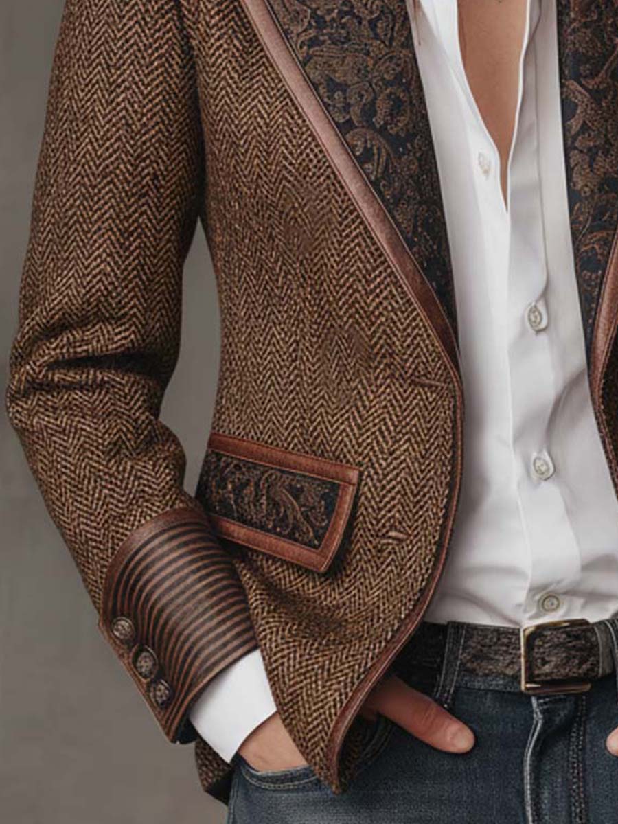 Brown herringbone printed panel blazer with defined shoulders and contrast edges