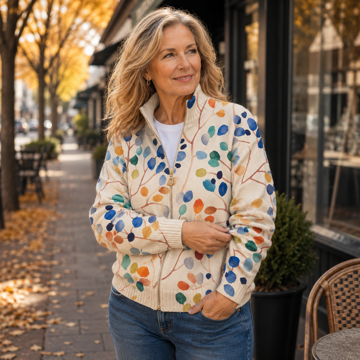 Botanical leaf print zip cardigan with gold-tone zipper in blue, orange, green and yellow