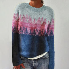 Women's long sleeve sweater with wide neckline and patterned bands in a straight silhouette