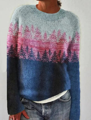 Women's long sleeve sweater with wide neckline and patterned bands in a straight silhouette