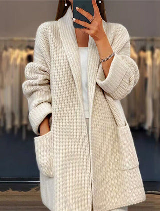 Women's open-front longline knit cardigan with shawl neckline and hip patch pockets in cream