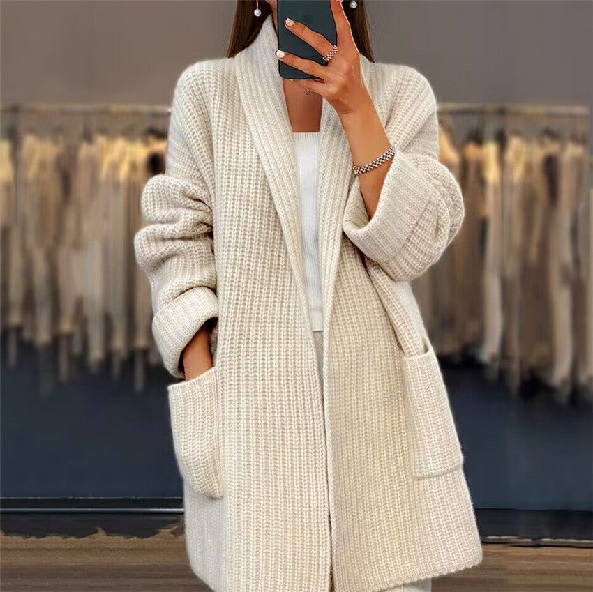Women's open-front longline knit cardigan with shawl neckline and hip patch pockets in cream