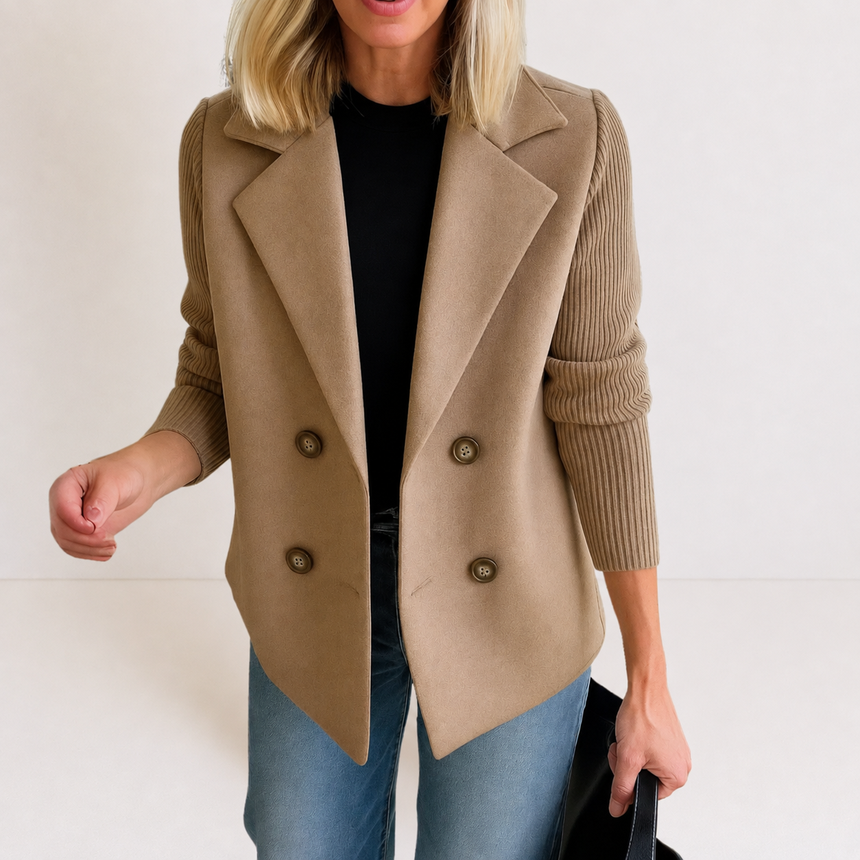 Caroline double-breasted blazer jacket with ribbed knit sleeves and double lapels