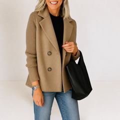 Caroline double-breasted blazer jacket with ribbed knit sleeves and double lapels