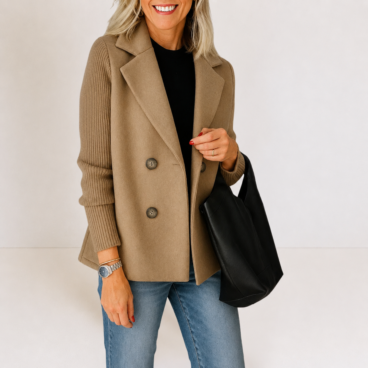 Caroline double-breasted blazer jacket with ribbed knit sleeves and double lapels