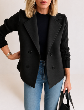 Caroline double-breasted blazer jacket with ribbed knit sleeves and double lapels