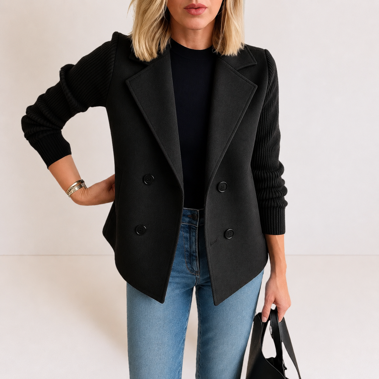 Caroline double-breasted blazer jacket with ribbed knit sleeves and double lapels