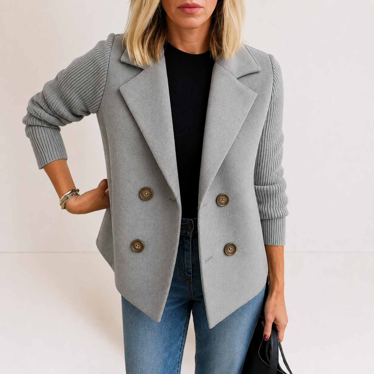 Caroline double-breasted blazer jacket with ribbed knit sleeves and double lapels