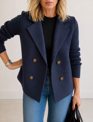 Caroline double-breasted blazer jacket with ribbed knit sleeves and double lapels