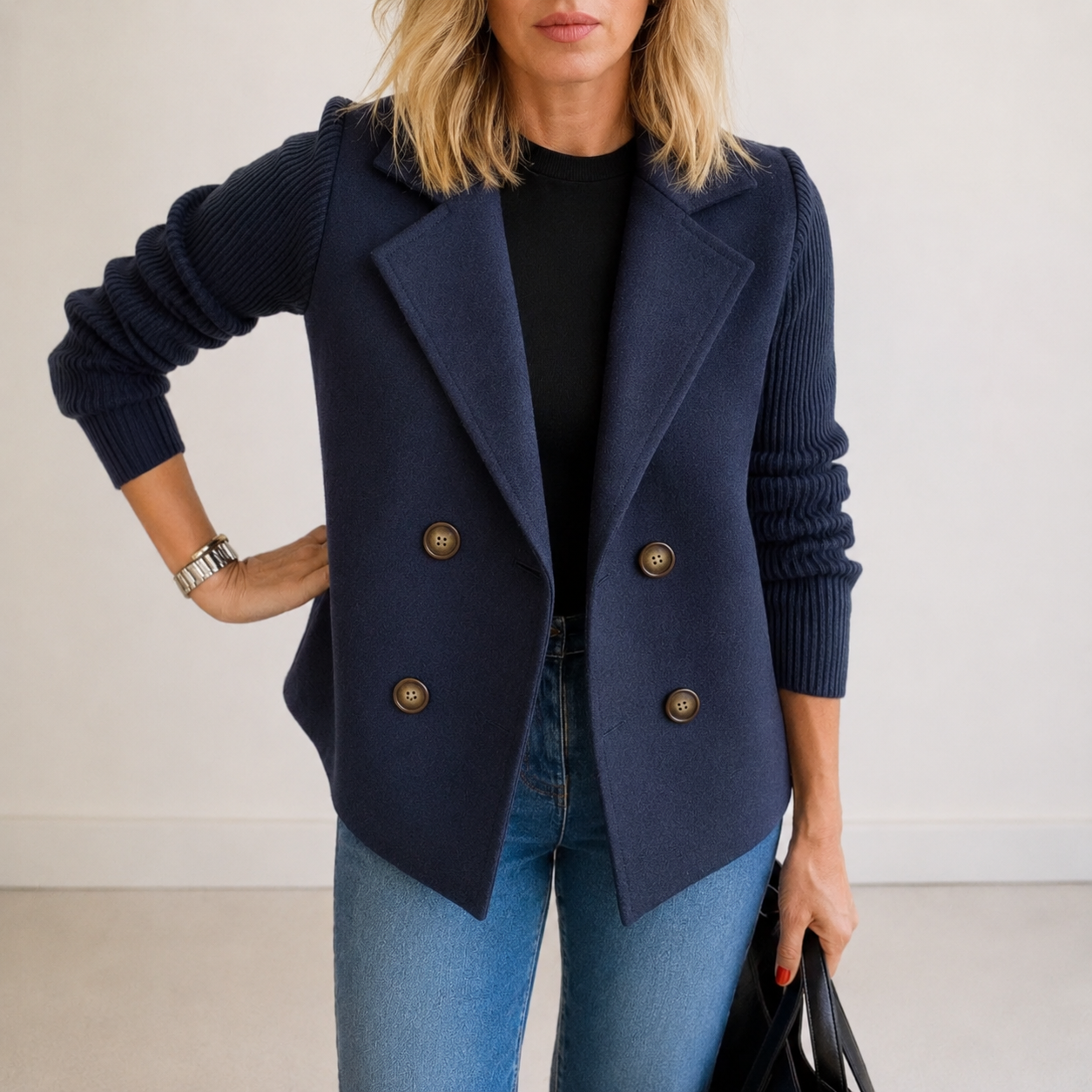 Caroline double-breasted blazer jacket with ribbed knit sleeves and double lapels