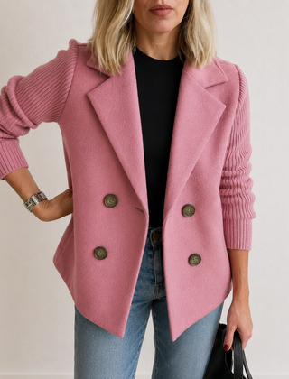 Caroline double-breasted blazer jacket with ribbed knit sleeves and double lapels