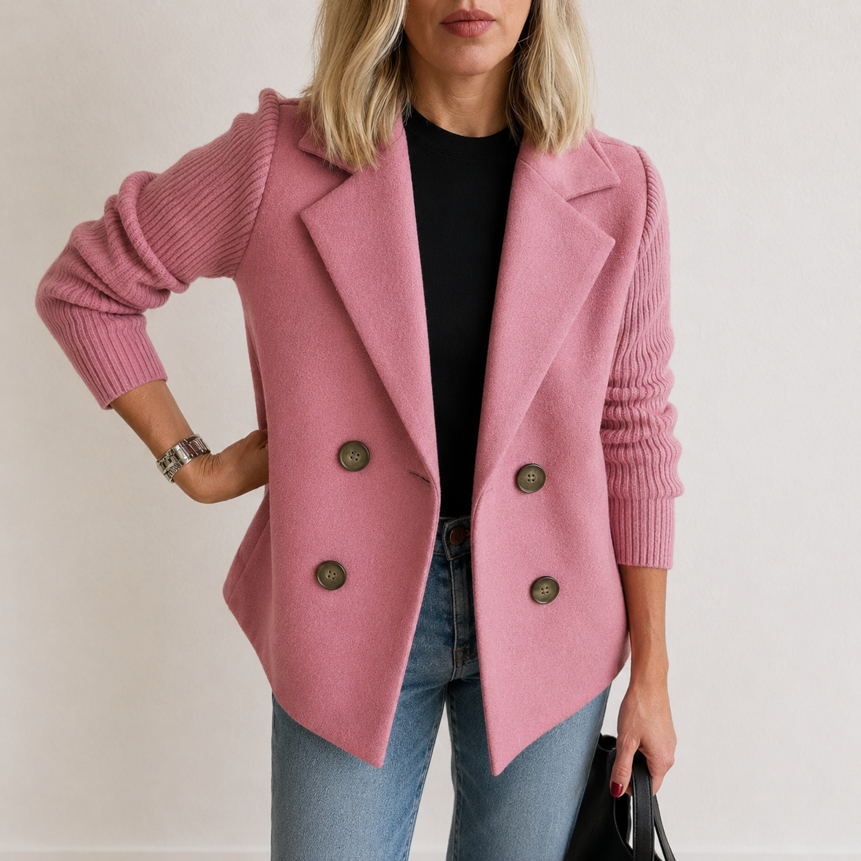 Caroline double-breasted blazer jacket with ribbed knit sleeves and double lapels
