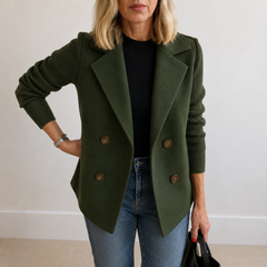 Caroline double-breasted blazer jacket with ribbed knit sleeves and double lapels