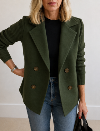 Caroline double-breasted blazer jacket with ribbed knit sleeves and double lapels