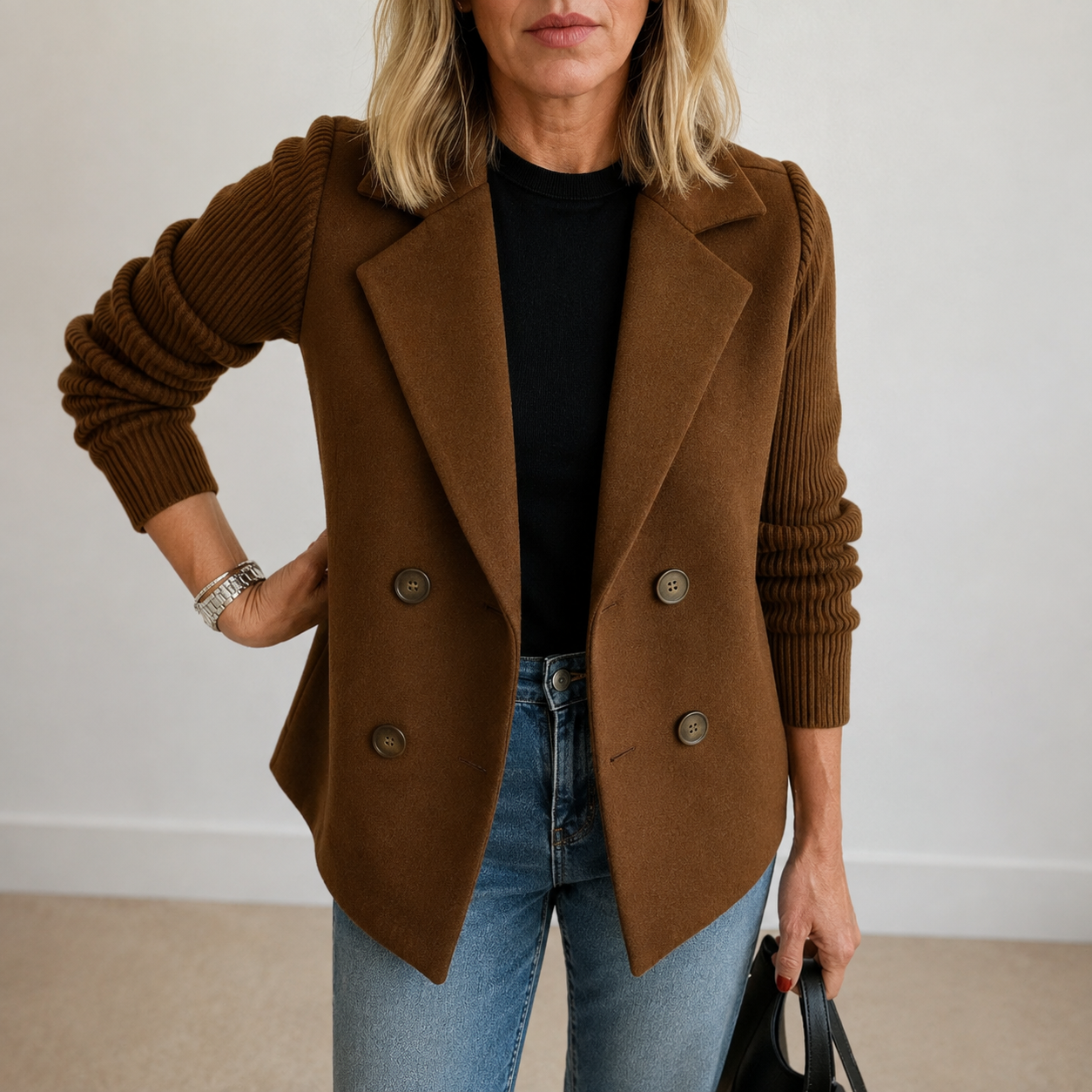 Caroline double-breasted blazer jacket with ribbed knit sleeves and double lapels