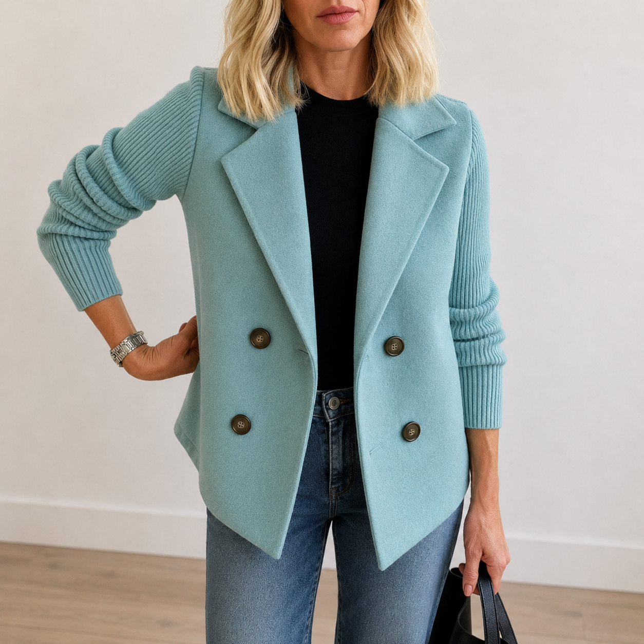Caroline double-breasted blazer jacket with ribbed knit sleeves and double lapels