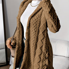 Women's hooded longline cardigan with button-front closure and raised textured surface
