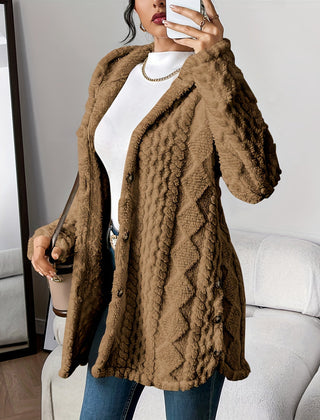 Women's hooded longline cardigan with button-front closure and raised textured surface