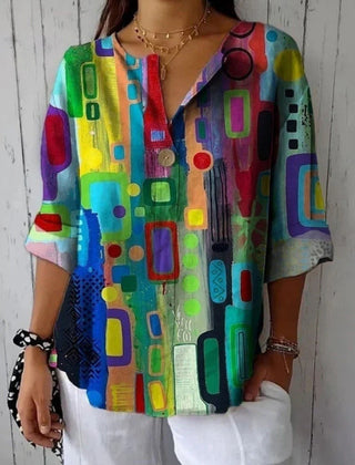 Multicolour geometric print V-neck long sleeve loose-fit blouse for women