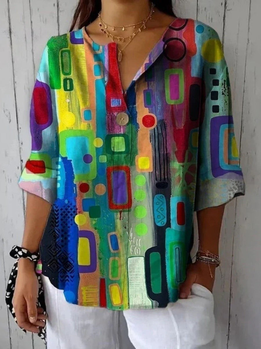 Multicolour geometric print V-neck long sleeve loose-fit blouse for women