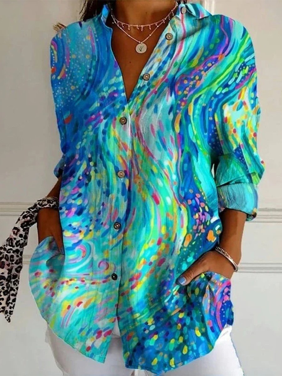Multicolor abstract vintage print long-sleeve blouse with buttoned collar and relaxed cut