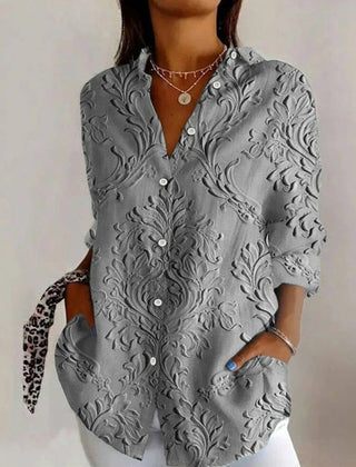 Gray vintage floral long sleeve blouse with lapel neckline and buttons