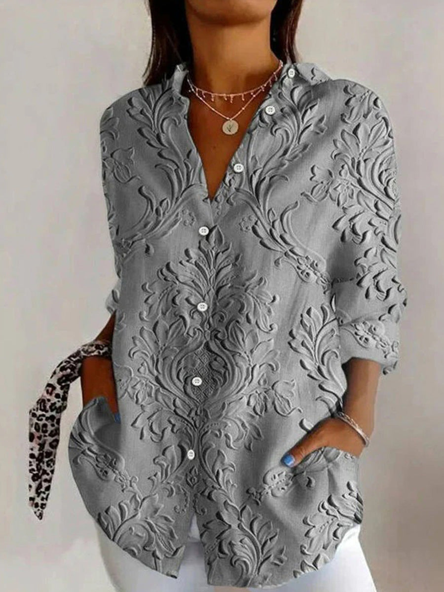 Gray vintage floral long sleeve blouse with lapel neckline and buttons