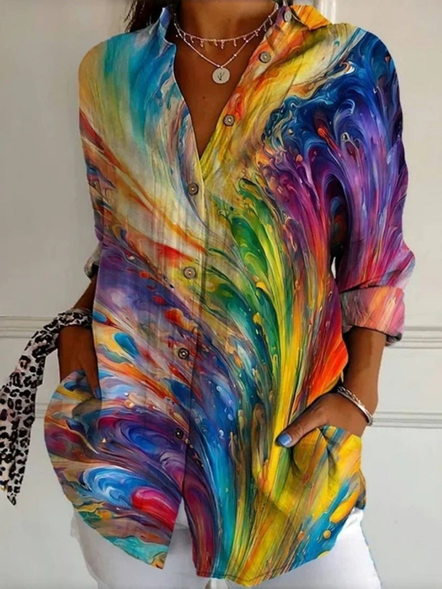Multicolour marbled print long sleeve blouse with collar and relaxed fit