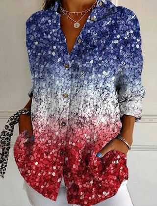 Multicolor gradient vintage button-front blouse with long sleeves and subtle floral texture