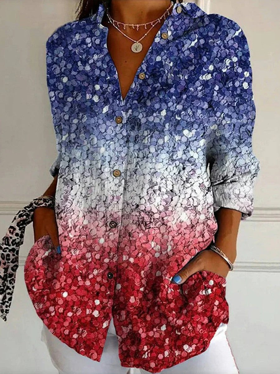 Multicolor gradient vintage button-front blouse with long sleeves and subtle floral texture