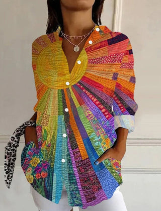 Multicolour abstract print long sleeve blouse with a classic lapel collar