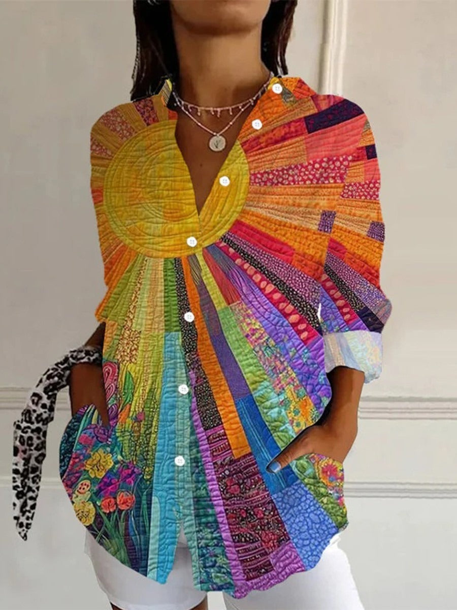 Multicolour abstract print long sleeve blouse with a classic lapel collar