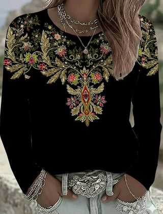 Black loose crew neck long sleeve sweatshirt with ethnic floral print