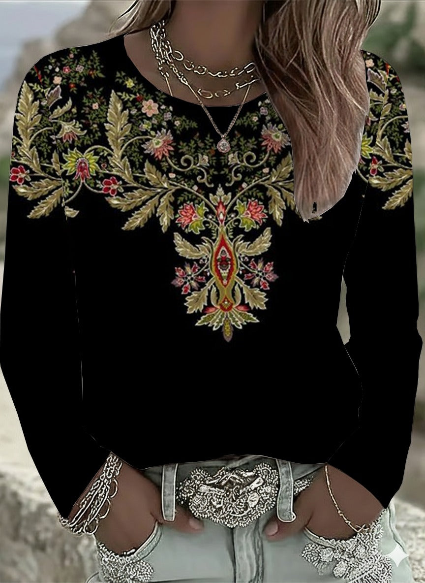 Black loose crew neck long sleeve sweatshirt with ethnic floral print