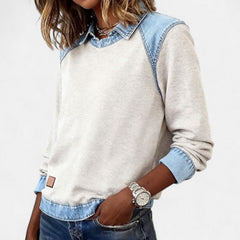 Women's layered-collar two-tone sweater with shirt-style collar and contrast panels, long sleeves