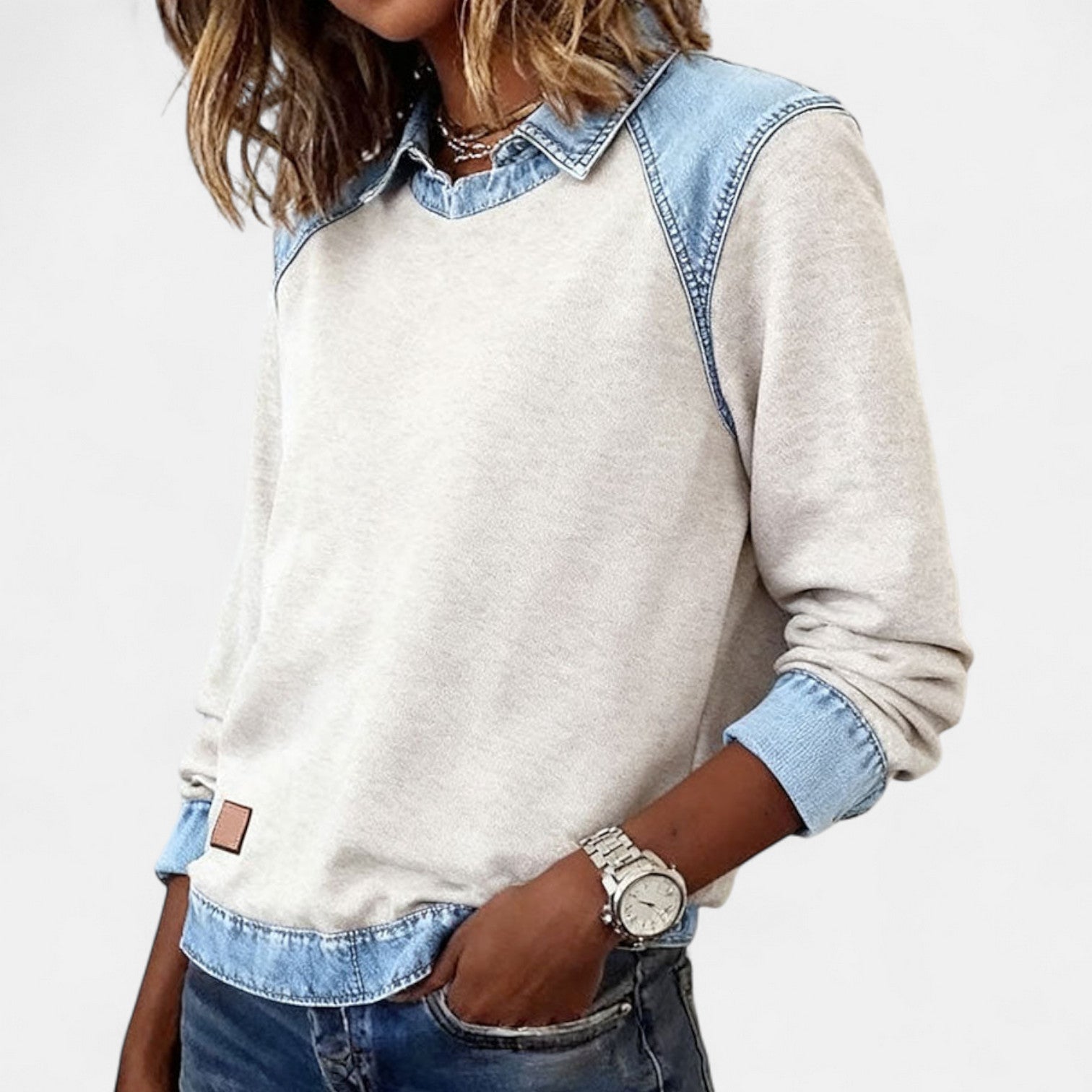 Women's layered-collar two-tone sweater with shirt-style collar and contrast panels, long sleeves