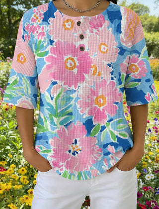 Women's pink garden bloom floral print waffle cotton casual shirt