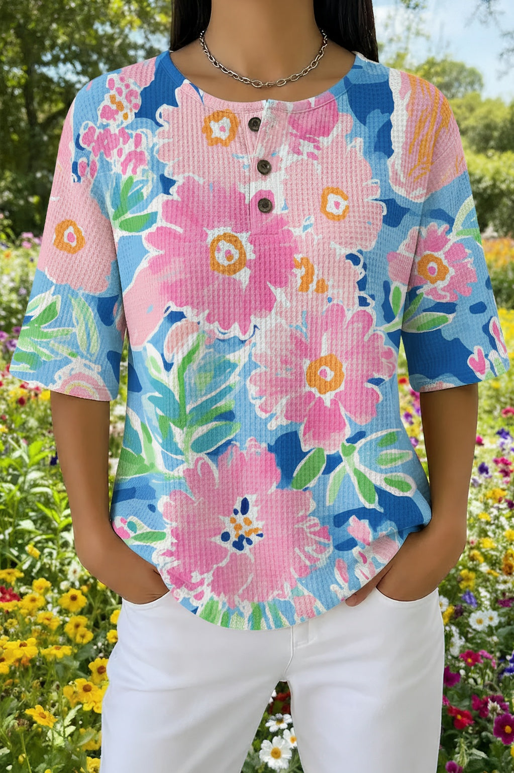 Women's pink garden bloom floral print waffle cotton casual shirt