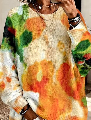 Orange tie-dye floral round-neck sweater with a relaxed fit and long sleeves
