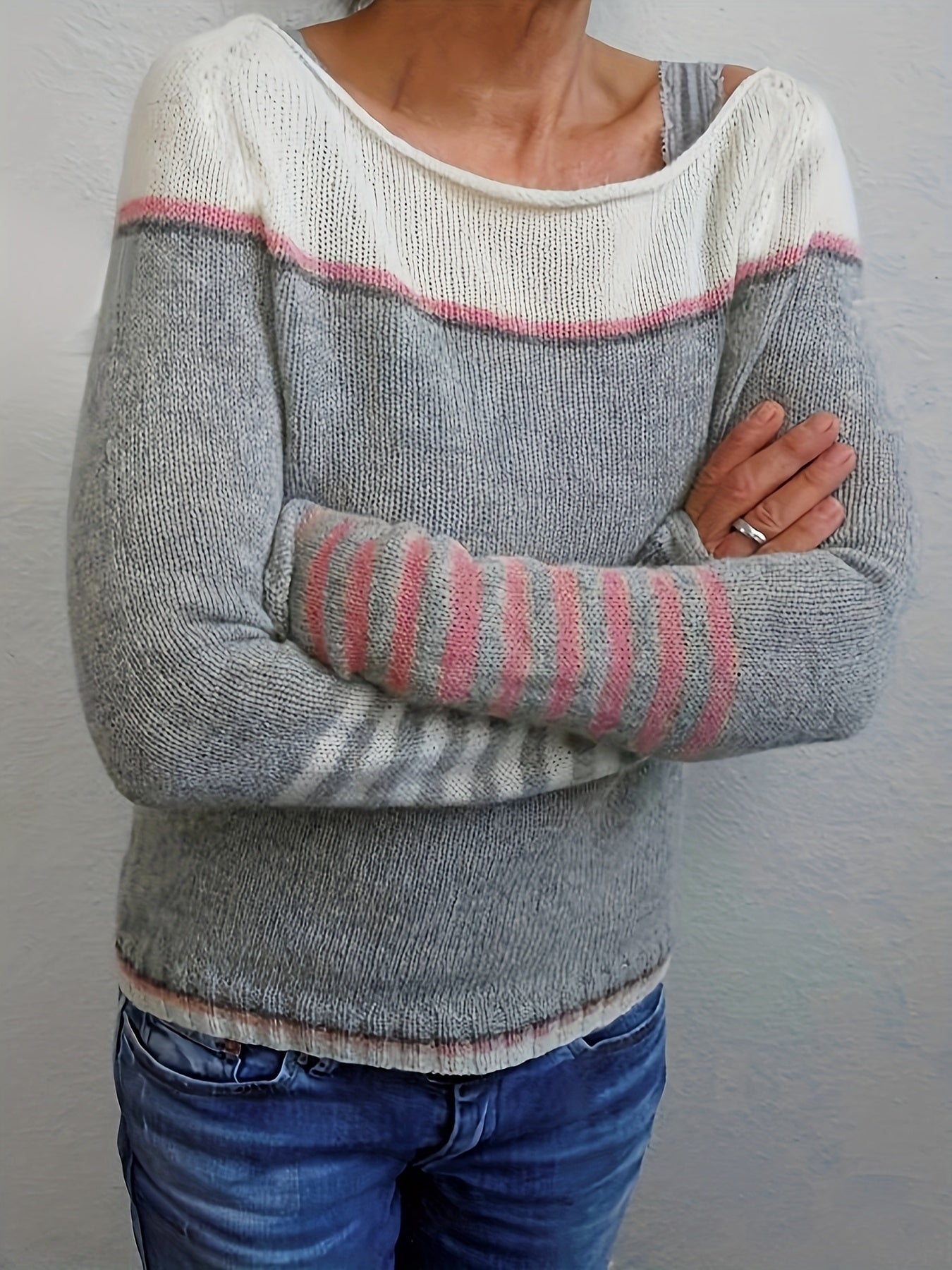 Norelle striped colour-block pullover sweater with scooped neckline and ribbed cuffs