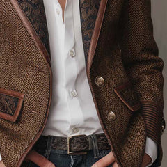 Brown herringbone printed panel blazer with defined shoulders and contrast edges
