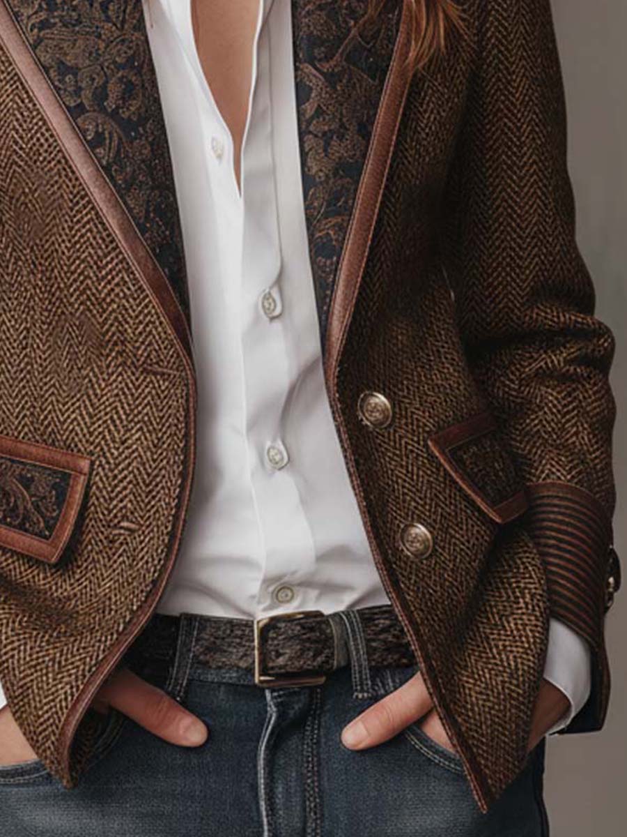Brown herringbone printed panel blazer with defined shoulders and contrast edges