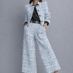 Tweed two-piece set with cropped jacket and high-waisted wide-leg trousers